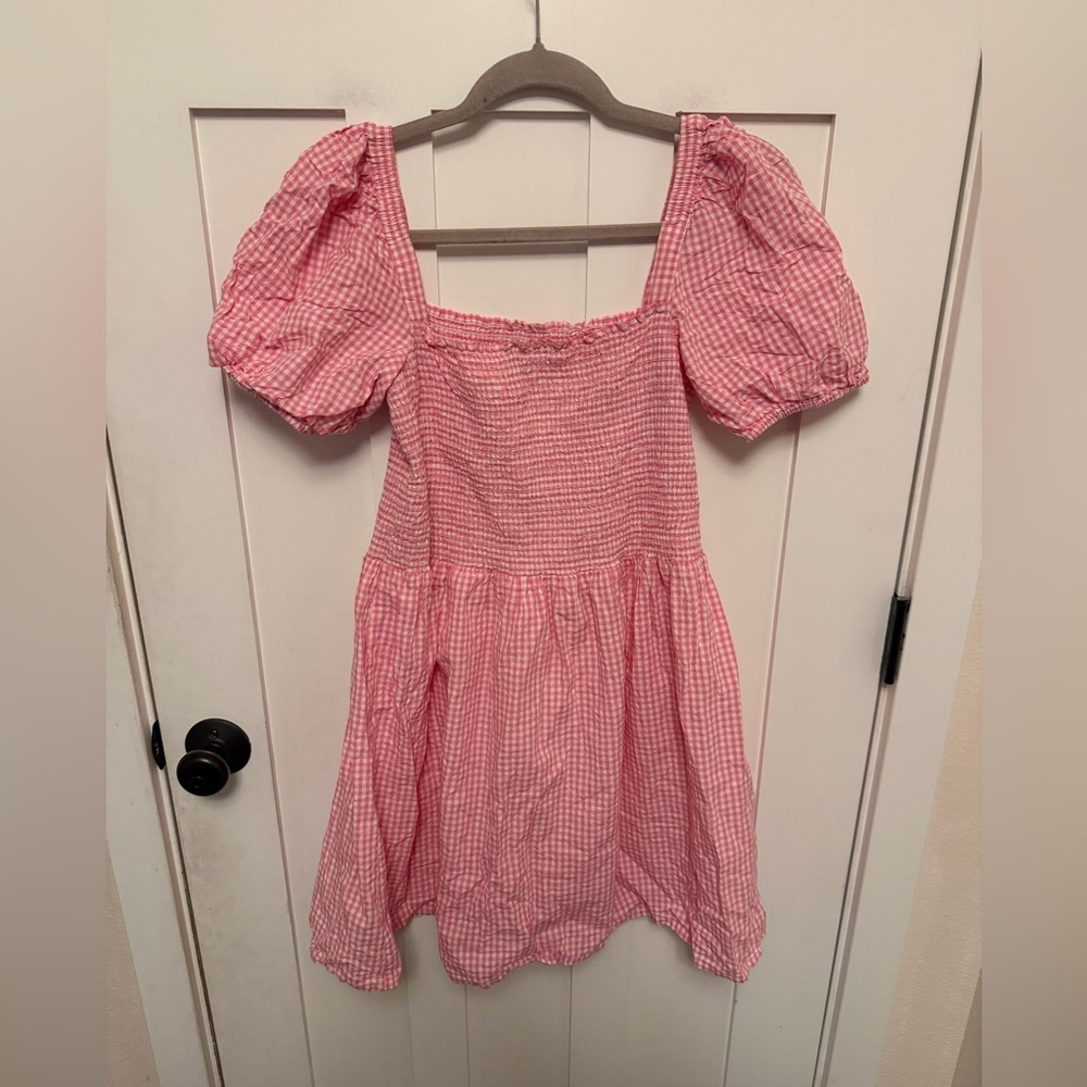 French Connection Artina Pink Gingham Mini Dress Square neck Puff Sleeve Medium - Picture 2 of 5